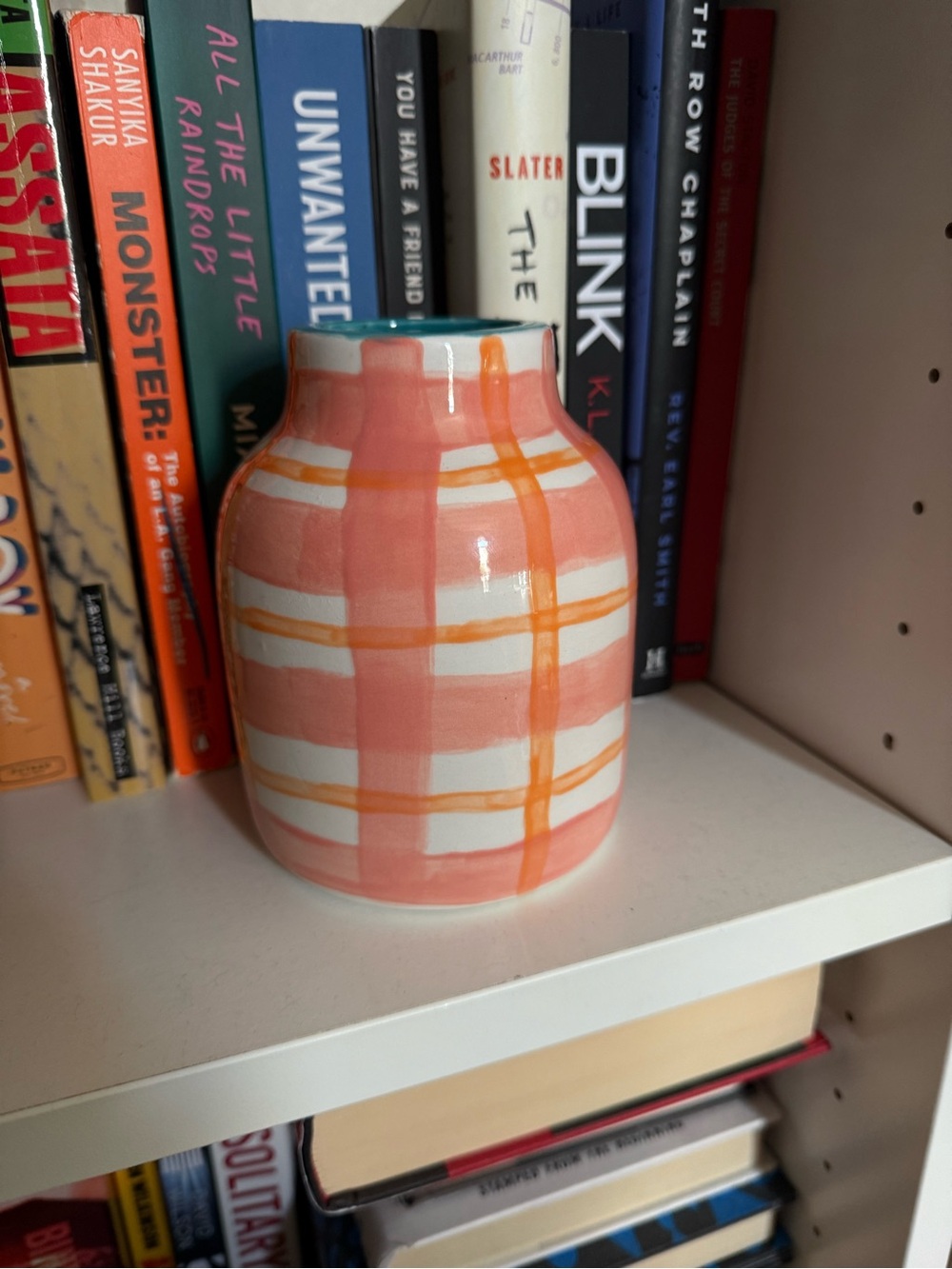 Hand-Painted Pink & Orange Plaid Ceramic Vase - Home Accents
